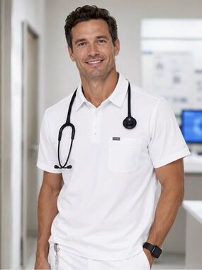 Figs Pro Men’s Technical Pique Scrub Polo in White NWT